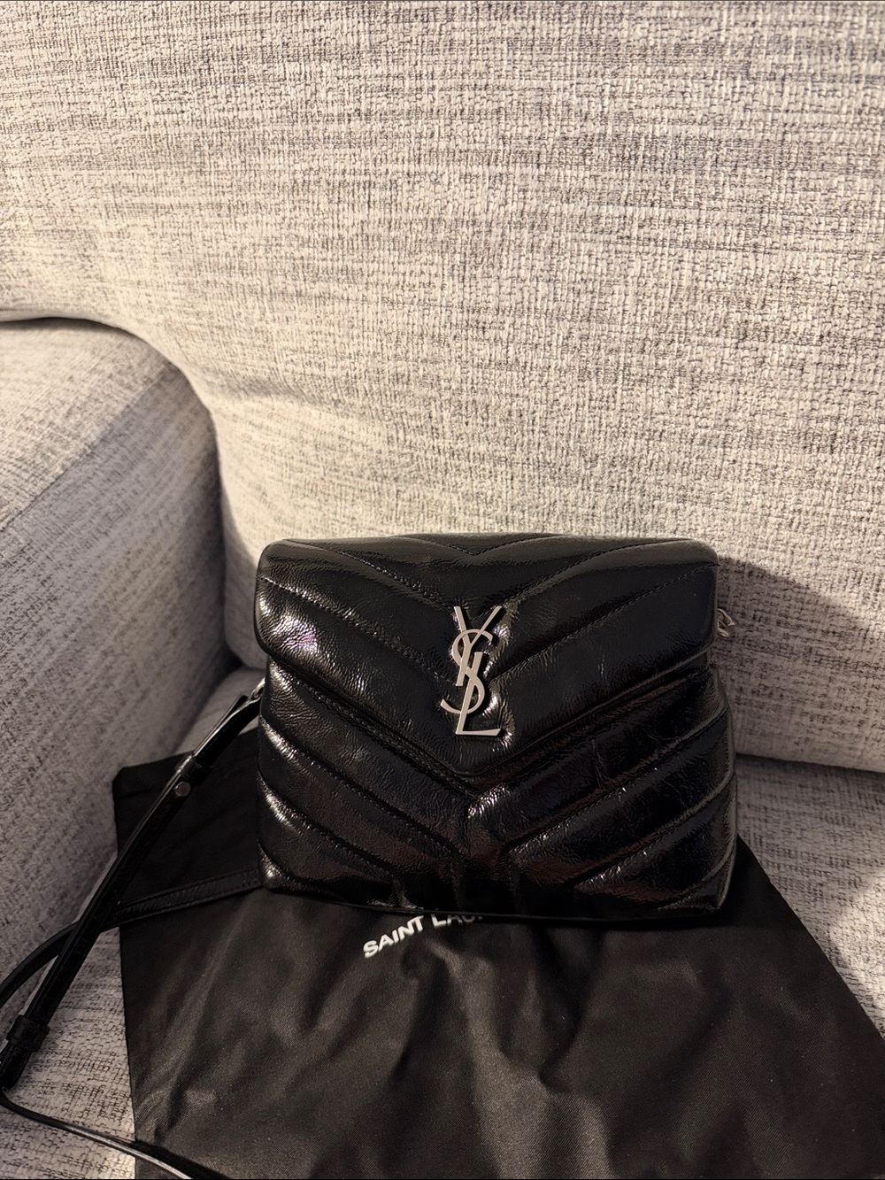 Saint Laurent Toy Loulou Black Chevron Quilted Leather Crossbody with Silver YSL